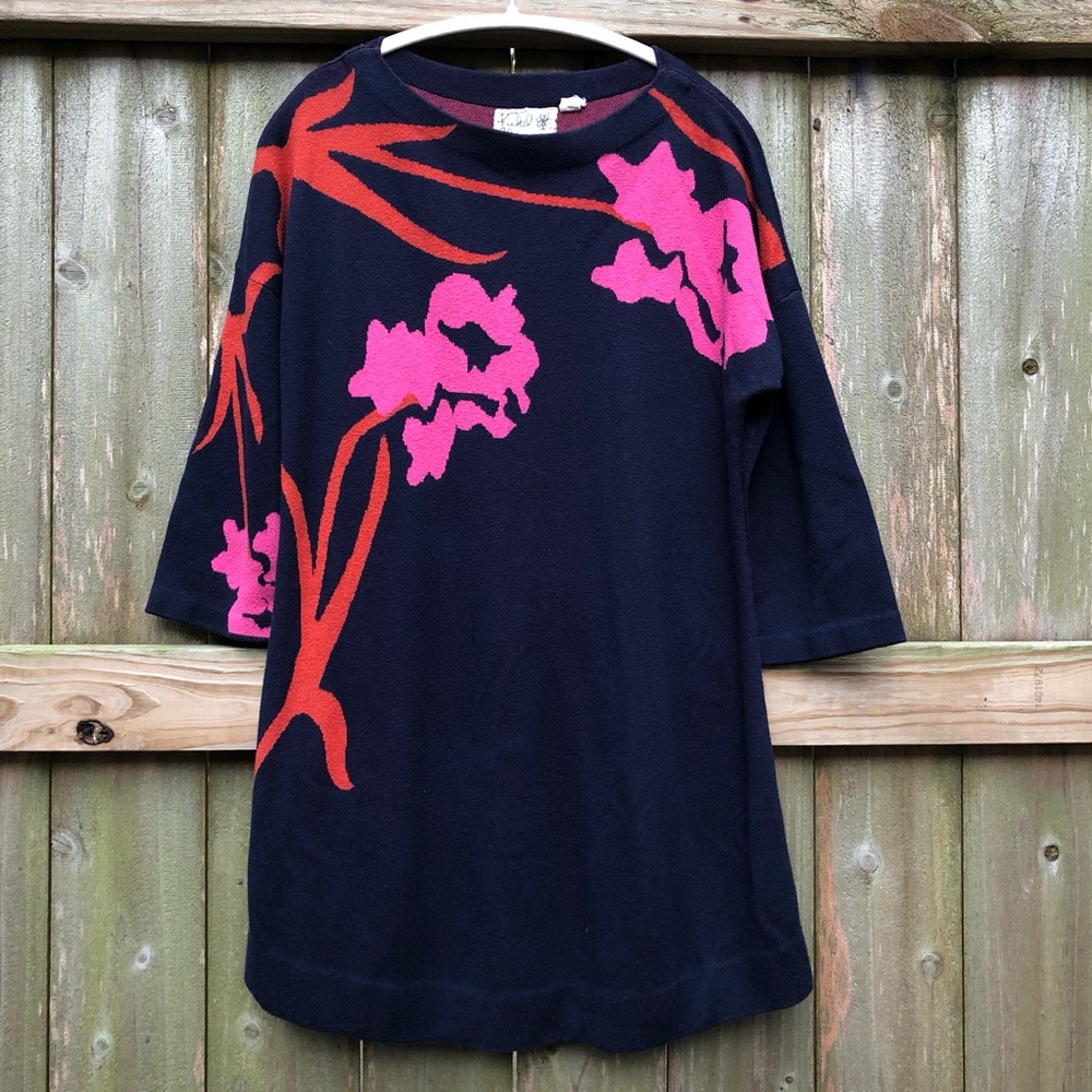 Field Flower Anthro Floral Sweater Silk Blend Size XL Navy Pink Red 3/4 Sleeve